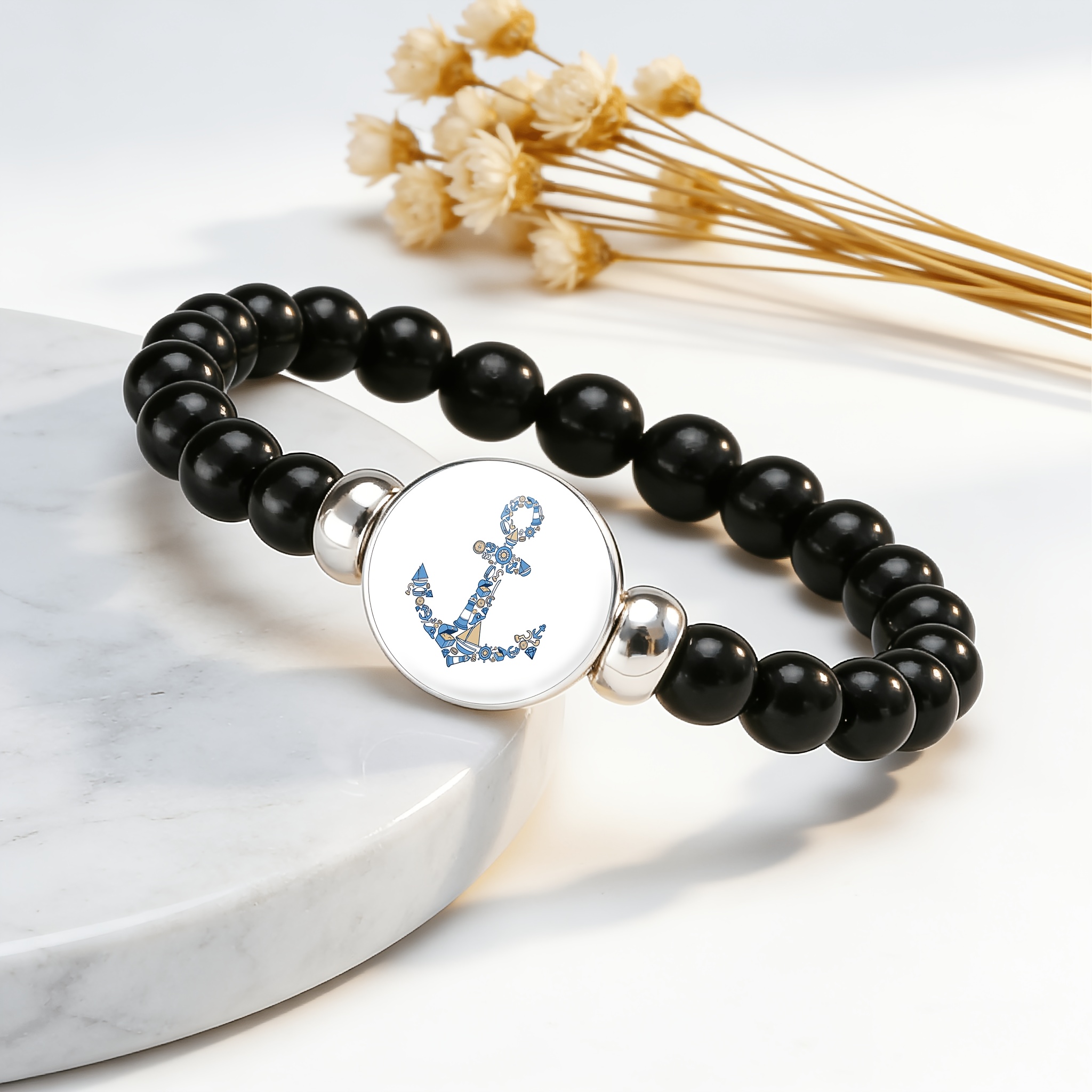 Classic Black Plastic Bead Adjustable Bracelet with Ocean Elements
